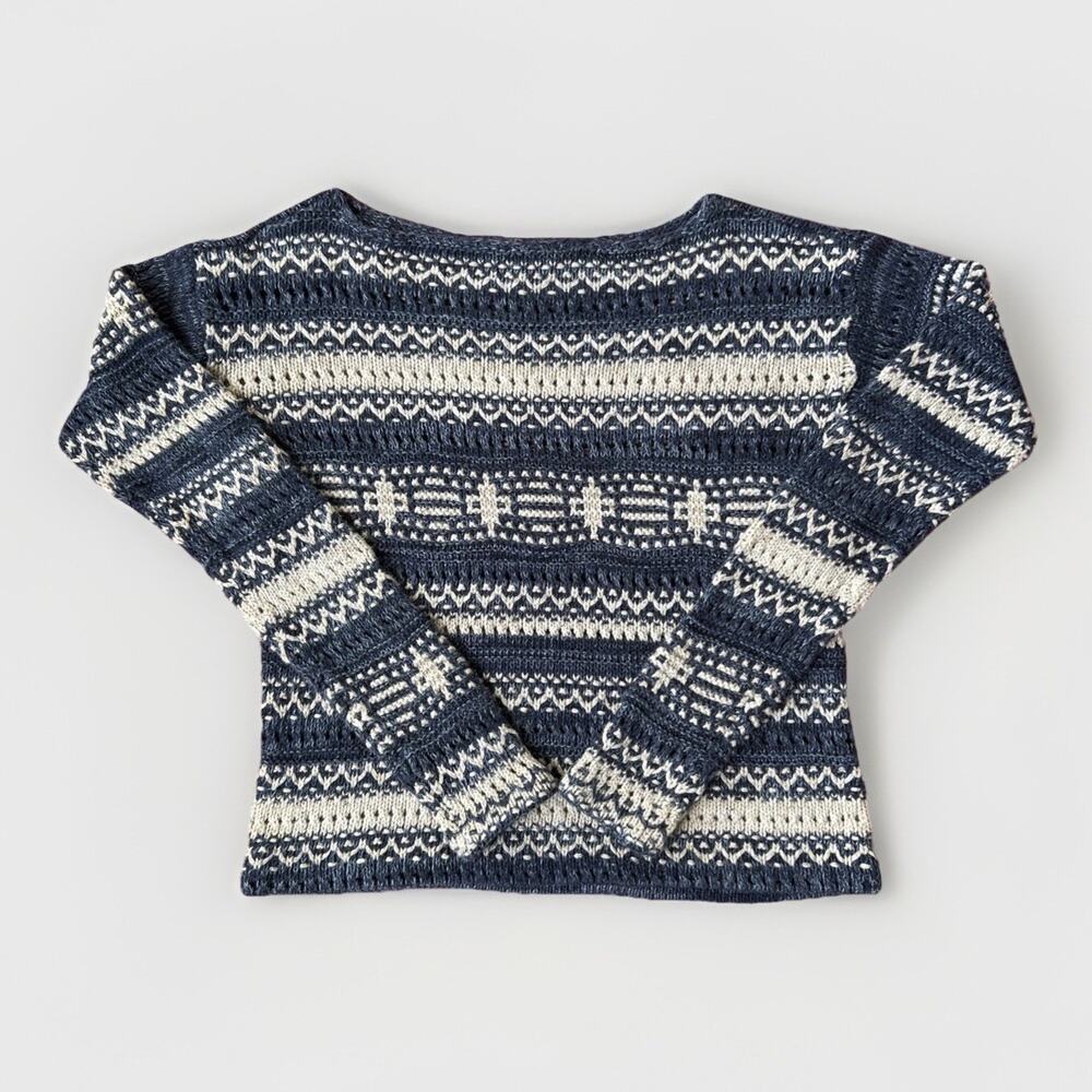 Lauren Ralph Lauren Sweater Women's Size XXS Fair Isle Knit Blue Cotton Linen